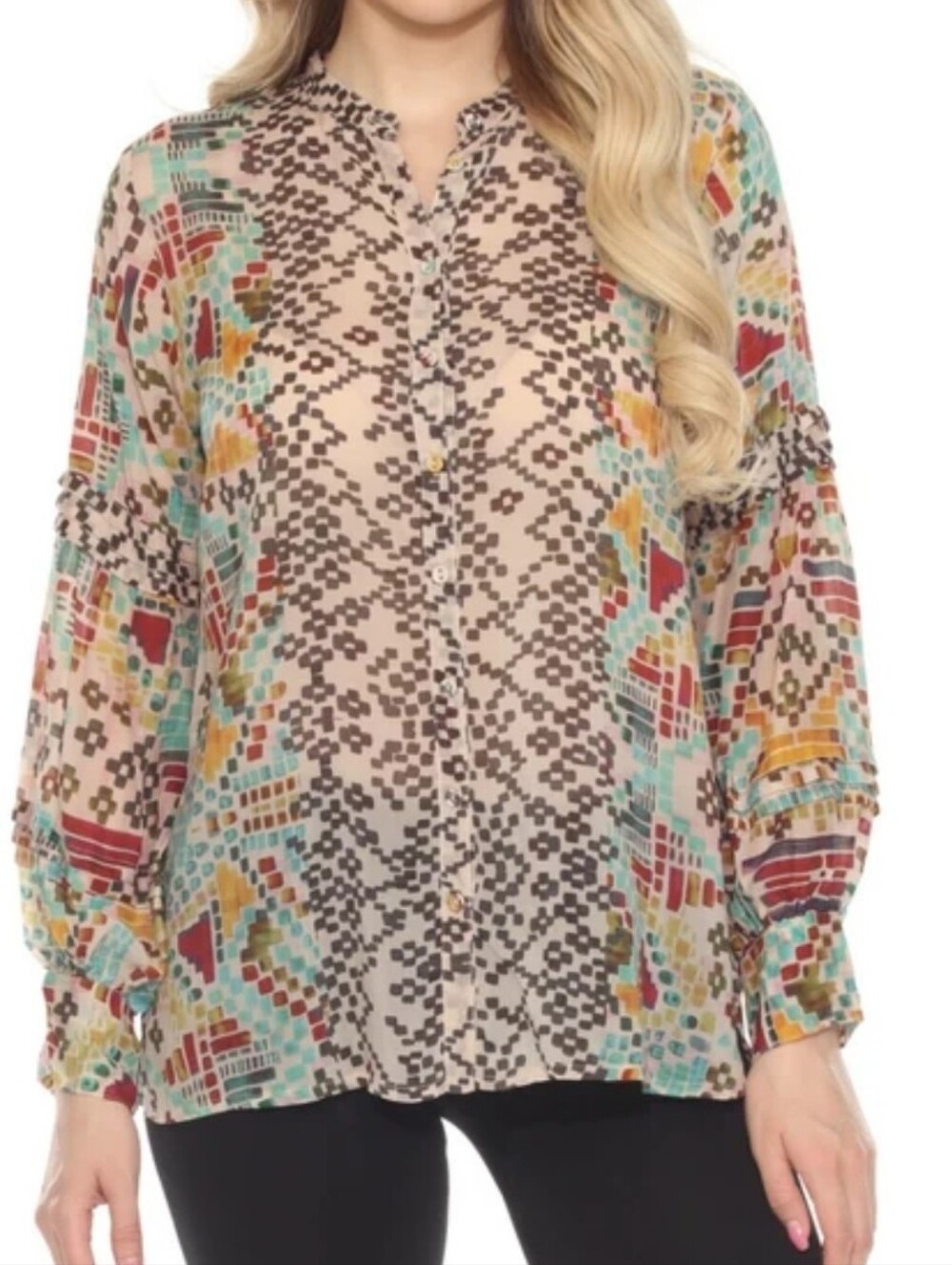 Johnny Was Malina Blouse Etris Geometric Aztec Print Small Womens Artsy NWT